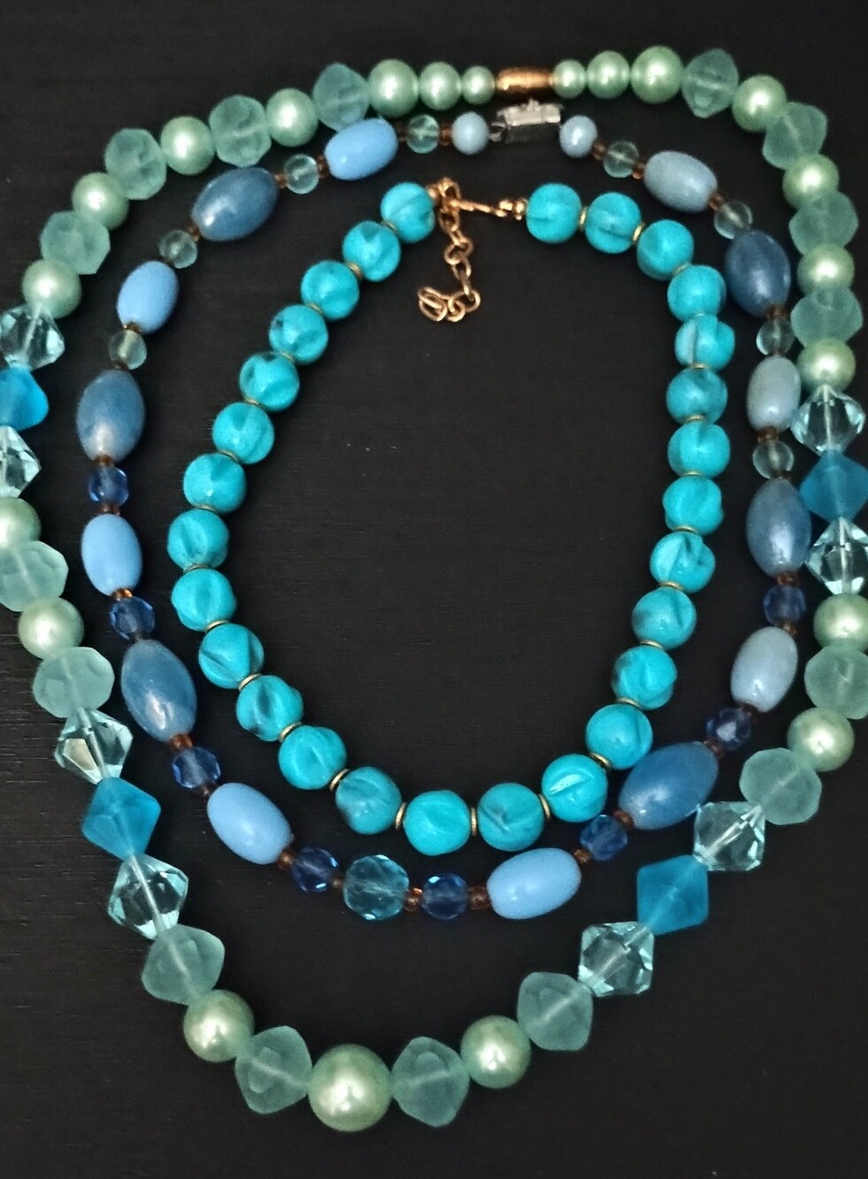 Vintage 3 Blue Multi-Strand Beaded Necklace - Turquoise & Aqua